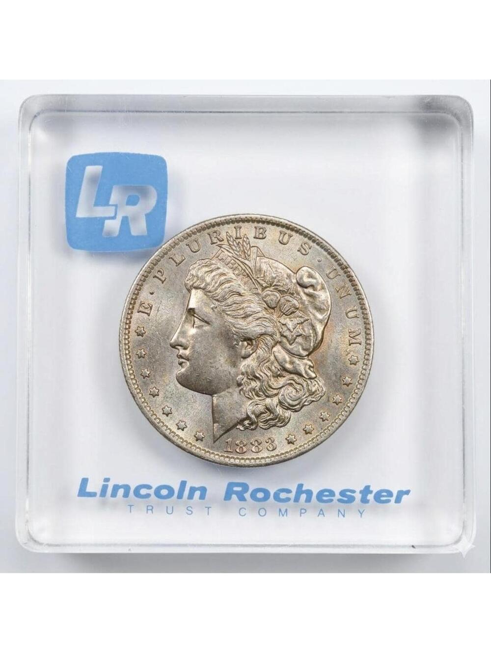 1883 O Morgan Silver Dollar • Vintage Lincoln Rochester Trust Lucite Paperweight